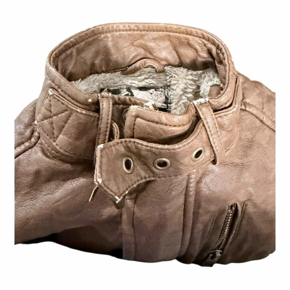 Kids first wave faux Brown Leather bomber/motto‎ Jacket Sherpa lined